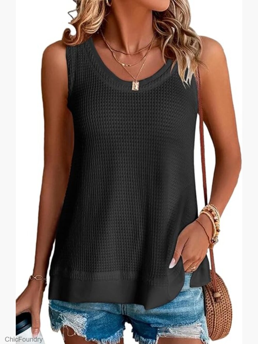 Oversized Waffle Knit Tank Top Scoop Neck Sleeveless Summer Tunic